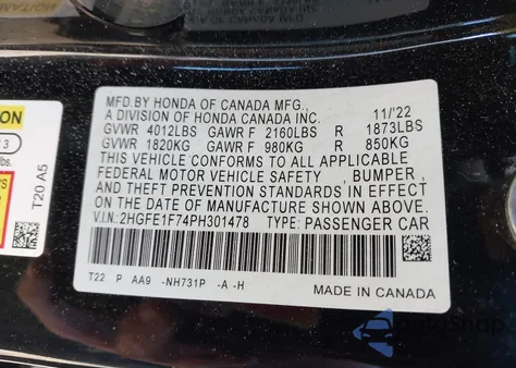 2023 Honda Civic Ex/Ex W/O Bsi z USA, uszkodzony, nr VIN 2HGFE1F74PH301478